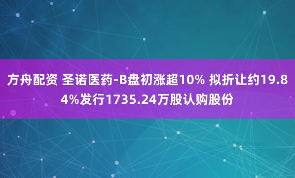方舟配资 圣诺医药-B盘初涨超10% 拟折让约19.84%发行1735.24万股认购股份